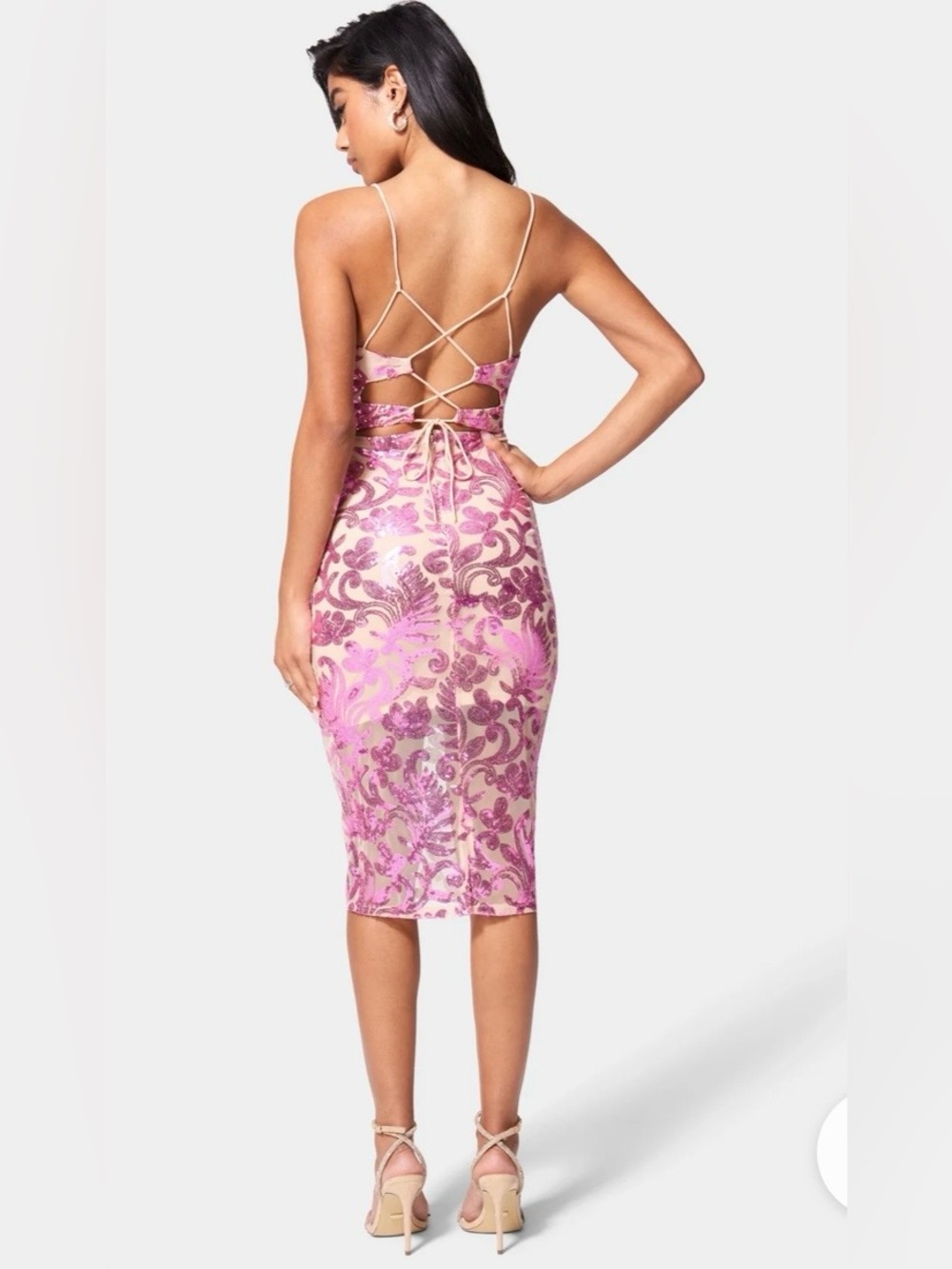bebe Pink Sequin Floral-Pattern Midi Dress - Picture 3 of 8